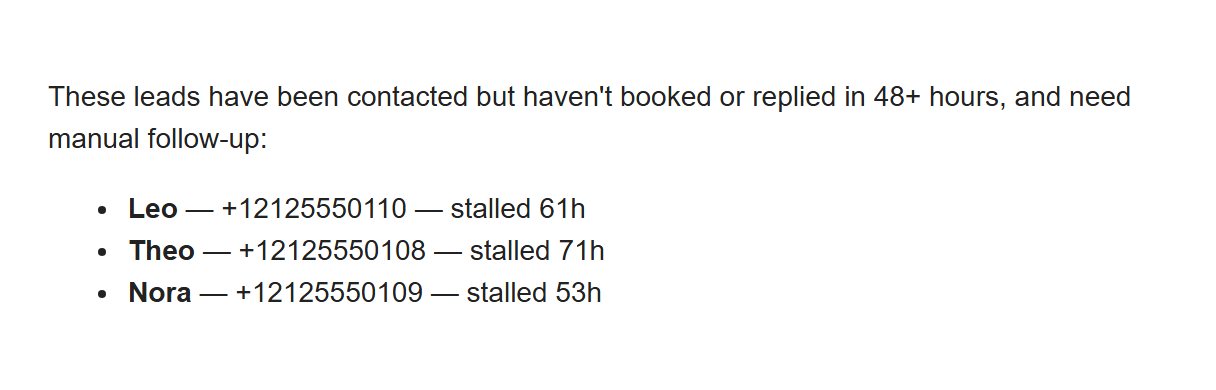 Example of an alert email, with made-up leads. It reads: These leads have been contacted but haven't booked or replied in 48+ hours, and need manual follow-up. It then lists Leo, Theo and Nora, each with a made-up phone number and the hours they have been stalled.