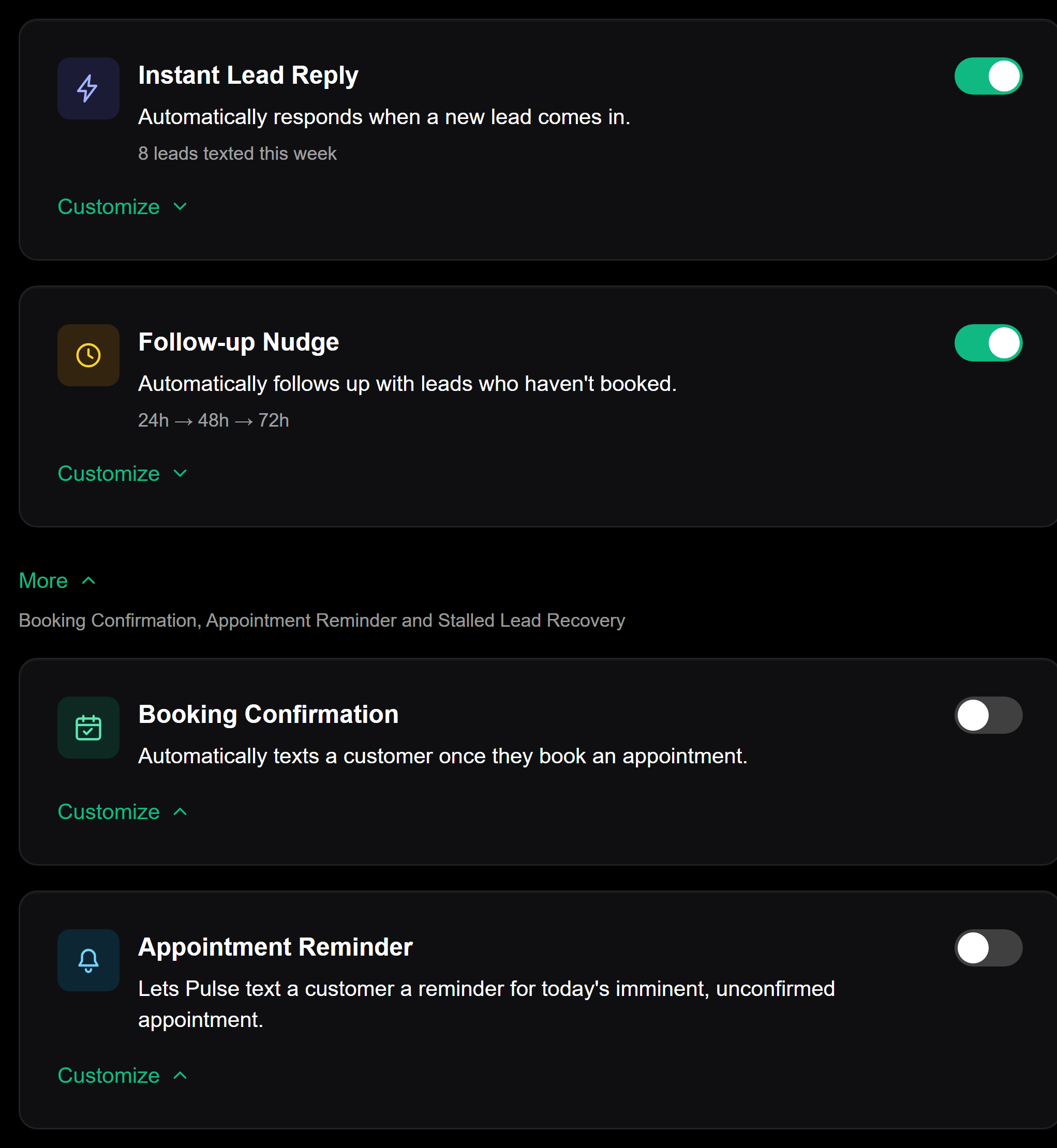 Example Automations screen from Never Miss. Instant Lead Reply and Follow-up Nudge are switched on. Under More, Booking Confirmation and Appointment Reminder are switched off. Each has a Customize link.