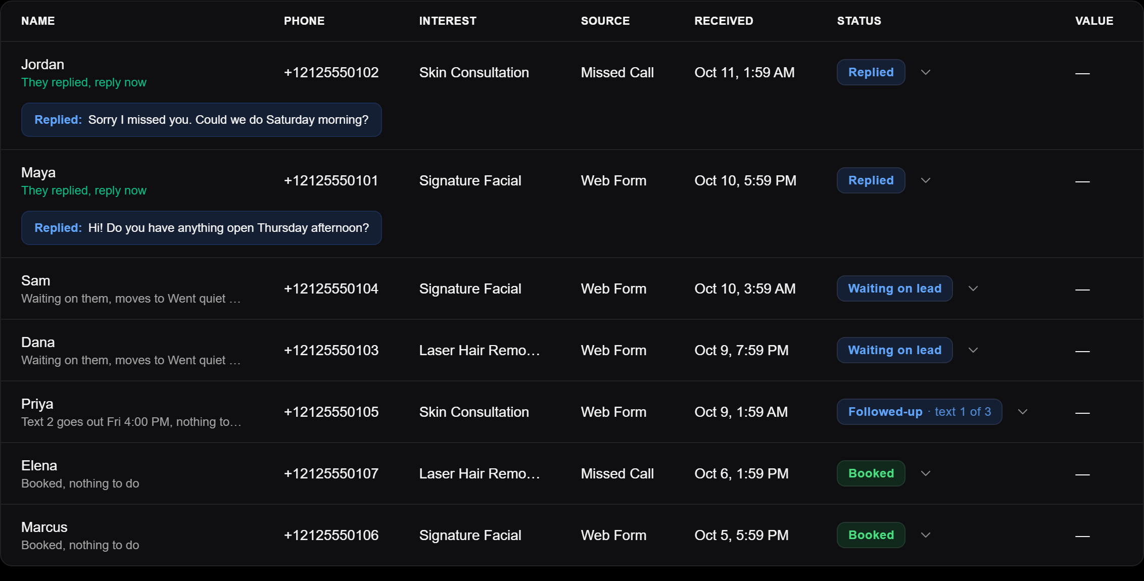Example Leads table from Never Miss, with made-up leads. Jordan and Maya show the prompt They replied, reply now, each with the message they sent. Sam and Dana show Waiting on lead, Priya shows Followed-up, text 1 of 3, and Elena and Marcus show Booked.